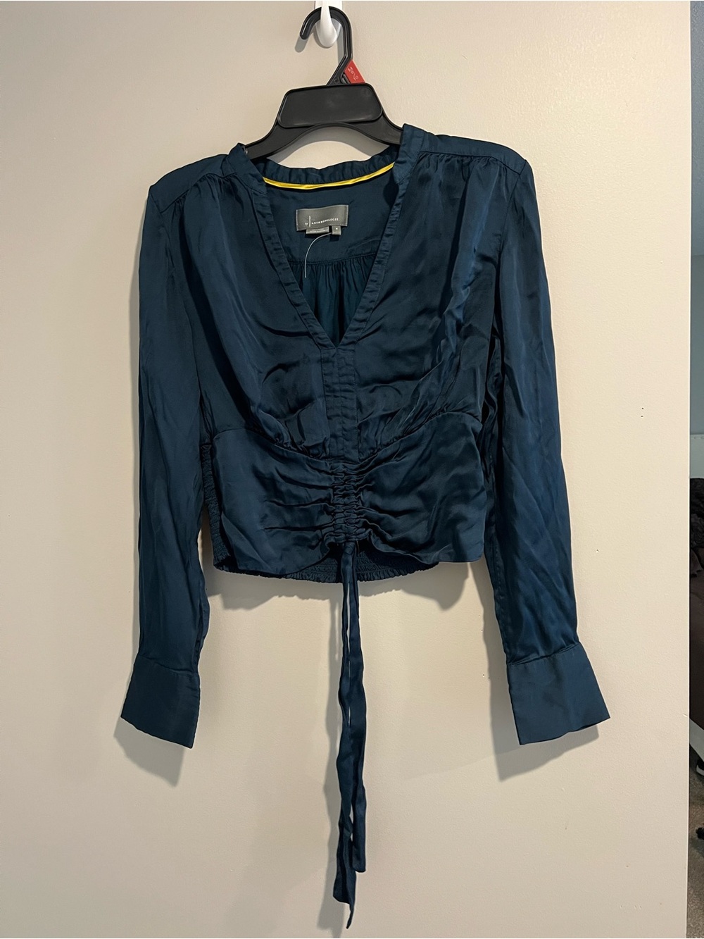 Anthropologie Satin Drawstring V-Neck Blouse - Dark Blue